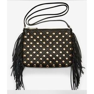 90's Black Studded Fringe Leather Crossbody Bag Gold  Studs Indie Sleaze Goth